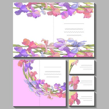 Çiçek romantik şablonları ile ayarlayın. Süsen. Tasarım hediye kutuları, Duyurular, kartpostallar, afiş, davetiye, kart ziyaret edin.