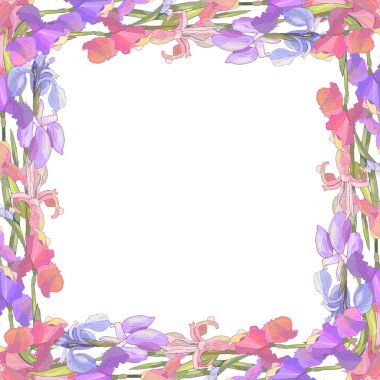 Beyaz izole süsen ile kare sezon çelenk. Tasarım hediye kutuları, Duyurular, kartpostallar, posterler, davetler için