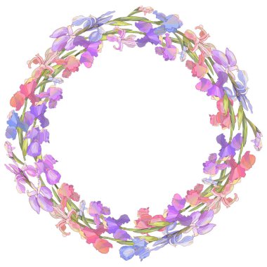 Beyaz izole süsen ile yuvarlak sezon çelenk. Tasarım hediye kutuları, Duyurular, kartpostallar, posterler, davetler için