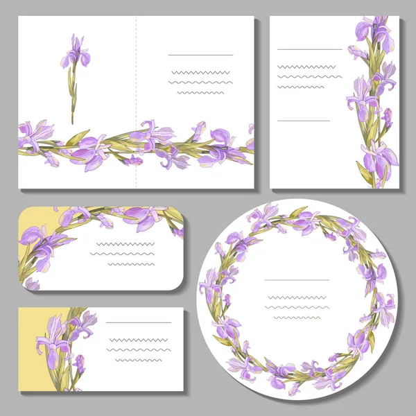 Set Floral Romantic Templates Irises Design Gift Boxes Announcements Postcards — Stock Vector