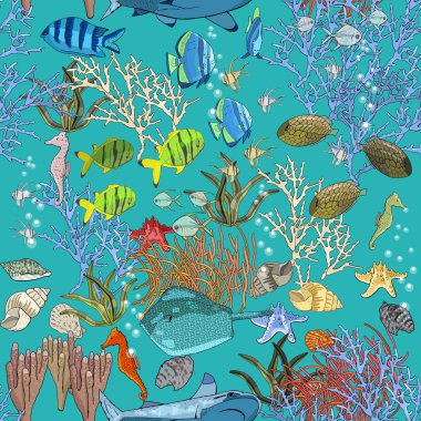 Sualtı Dikişsiz desen egzotik balık, denizatı, köpek balıkları, deniz yıldızı, mercan, vatoz. Elle çizilmiş vektör