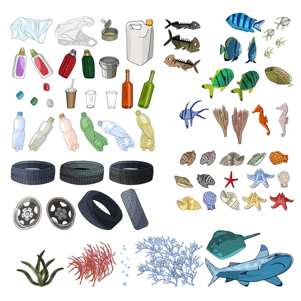 海洋中的各种垃圾 珊瑚礁的破坏 热带鱼类的死亡 在白色上隔离 — 图库矢量图片