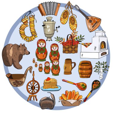 Colorful vector hand drawn set of Russian objects. Round composition. clipart