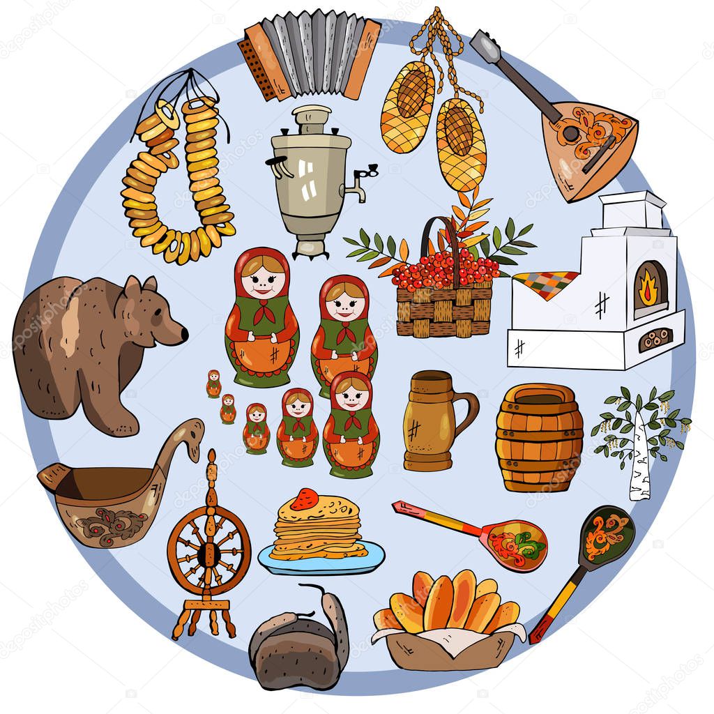 Colorful vector hand drawn set of Russian objects. Round composition.