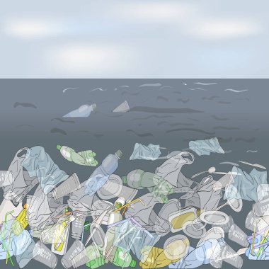 Çevre felaketi okyanusta plastik enkaz. Gökyüzüne bir zemin olarak denizle çöpte. Ekoloji kavramı.