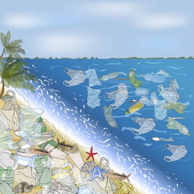 Çevre felaketi okyanusta plastik enkaz. Çöp deniz ve gökyüzü bir zemin olarak karşı kıyısında. Ekoloji kavramı.