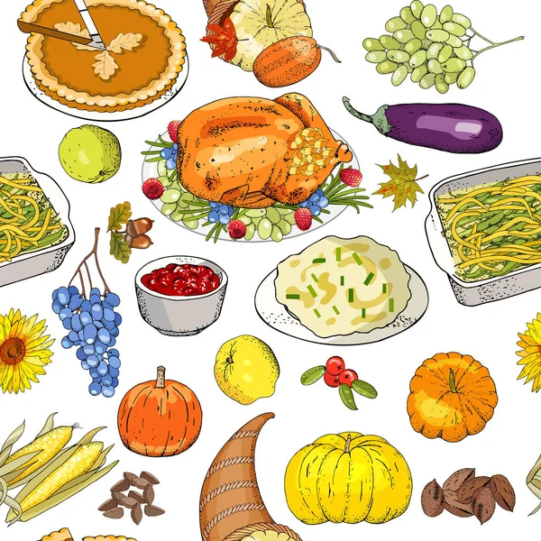 Thanksgiving Autumn Seamless Pattern Traditional Dishes Symbols Izolate White — Stock Vector