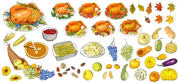 Set Oggetti Simboli Happy Thanksgiving Day Turchia Torta Zucca Purè — Vettoriale Stock