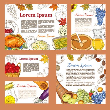 Greeting posters and banners with symbols of thanksgiving - roast Turkey, pumpkin pie,pumpkin, cranberry sauce, mashed potatoes, green beans, mashed potatoes, cornucopia, fruit, harvest. clipart