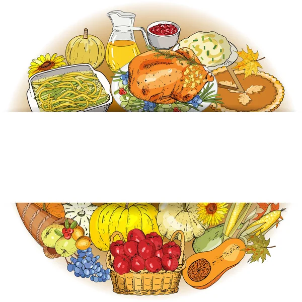 Thanksgiving Autumn Background Traditional Dishes Symbols — Stock Vector