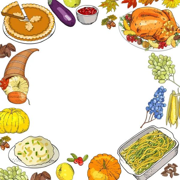 Ημέρα Των Ευχαριστιών Φθινόπωρο Φόντο Παραδοσιακά Πιάτα Και Σύμβολα Izolate — Διανυσματικό Αρχείο
