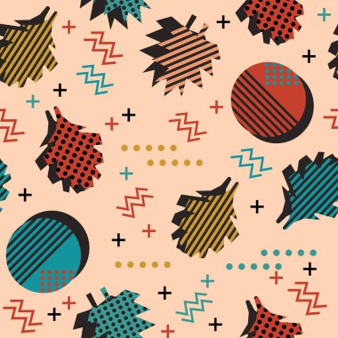Korku veren benzersiz sonbahar sonbahar yaprakları vektör desen memphis geometrik trendy renkli soyut. Hipster çok renkli tasarlamak vektör üzerinde akçaağaç yaprakları