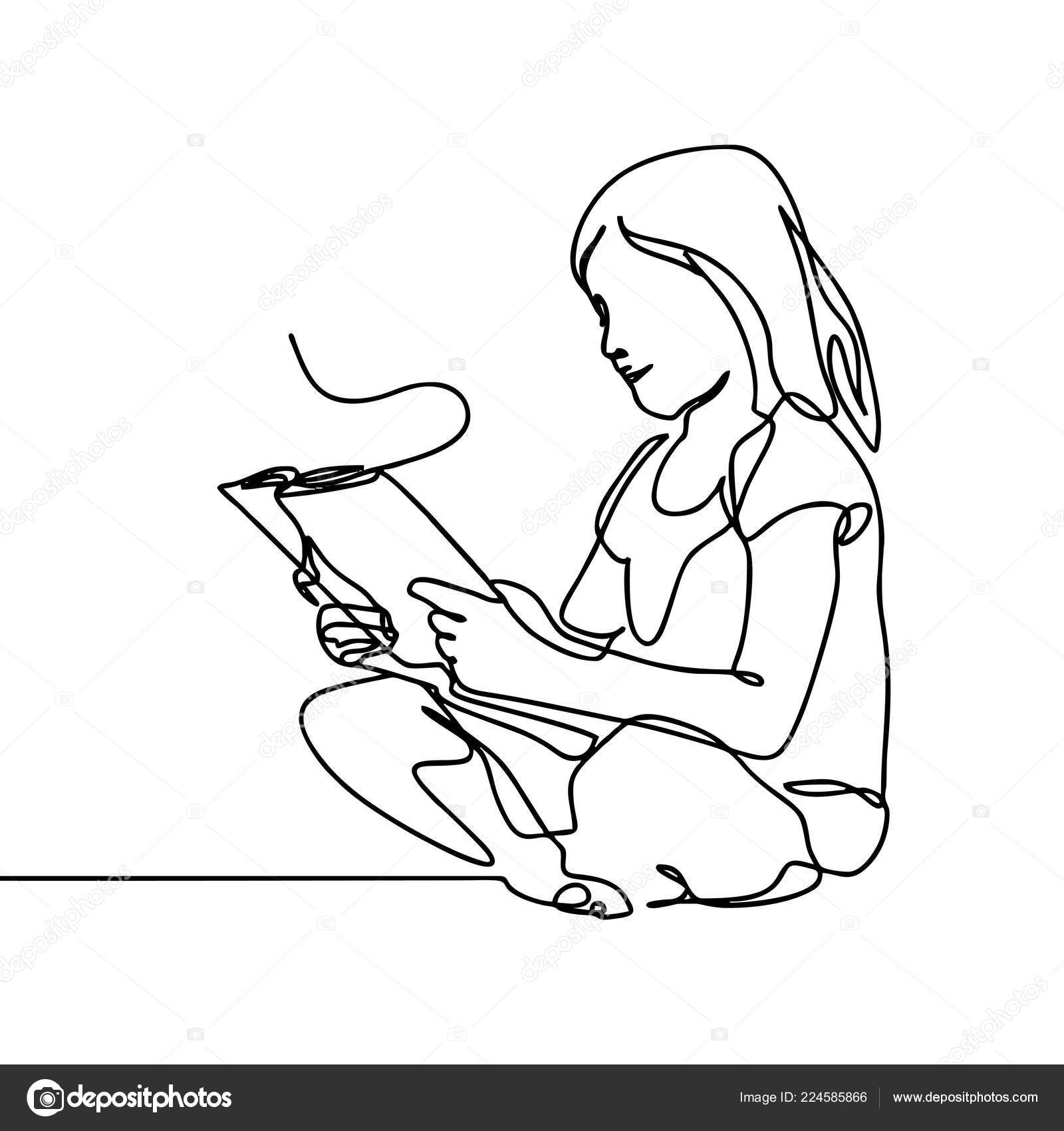 Teenager Girl Reading Book Continuous One Line Vector Illustration