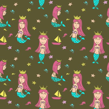 Deniz kızı Kraliçe desen sorunsuz arka plan şirin el çekilmiş.