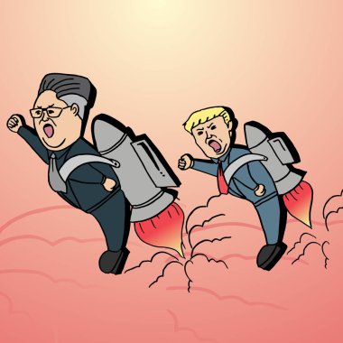 Kuzey Kore lideri Kim Jong-un ve bizi Başkan Donald roket renkli kullanarak uçan Trump çizilmiş karikatür ver. 22 Mayıs 2018