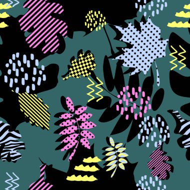 Korku veren benzersiz sonbahar sonbahar yaprakları vektör desen memphis geometrik trendy renkli soyut. Hipster çok renkli tasarlamak vektör üzerinde akçaağaç yaprakları