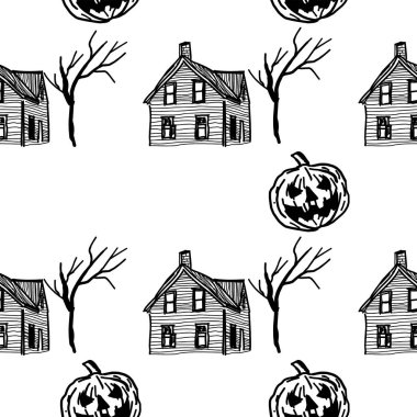 Sorunsuz elle çizilmiş vektör Cadılar Bayramı çizim kroki tarzı desen perili ev ve kabak tasarlamak.