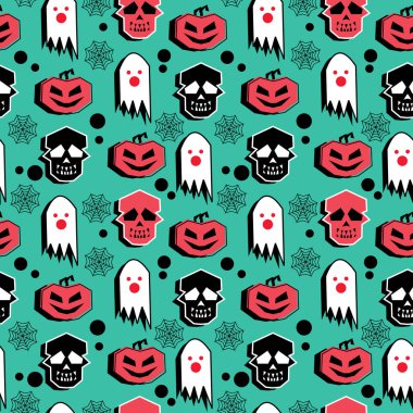 Bebek ve çocukların renkli moda ve tekstil baskı için komik hayalet ile Seamless Cadılar Bayramı yaratıcı modeli. Vektör çizim sevimli korkunç canavar.