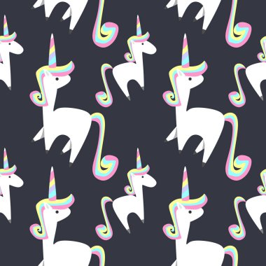 Tek boynuzlu at büyülü hayvan Dikişsiz desen vektör çizim arka plan bebek ve çocuk moda tekstil baskı için.