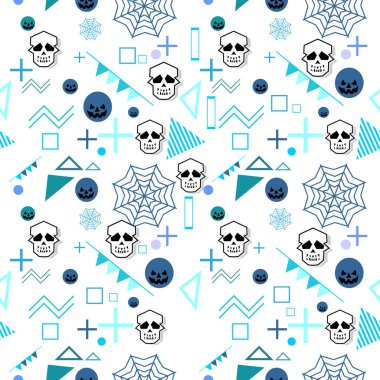 Trendy geometrik komik halloween canavar şirin korku renkli Dikişsiz desen vektör ile. Çocuk ve bebek tekstil moda için yaratıcı sıradışı karakterinin resimde arka plan yazdırma.