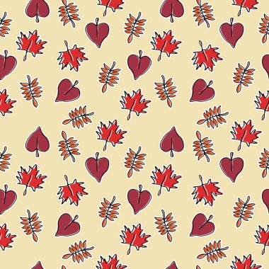 Dikişsiz sonbahar moda el çekilmiş tarzı desen yaprakları renkli arka plan ile.