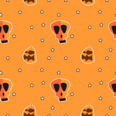 Cadılar Bayramı kafatası baş ve moda tekstil baskı vektör çizim için kabak renkli arka plan ile seamless modeli.
