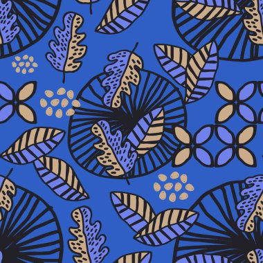 Modaya uygun desen Cava batik motifi ile mavi arka plan üzerinde yaprak.