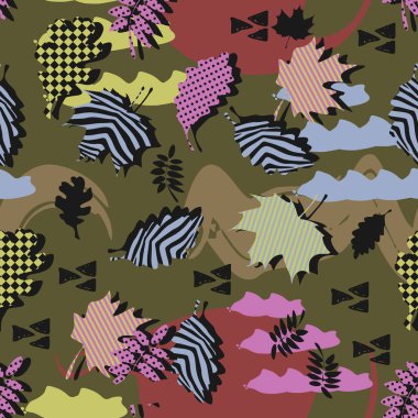 Korku veren benzersiz sonbahar sonbahar yaprakları vektör desen memphis geometrik trendy renkli soyut. Hipster çok renkli tasarlamak vektör üzerinde akçaağaç yaprakları