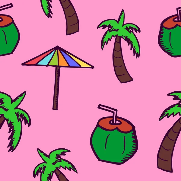 Handgezeichnete Doodle Kokosnuss Regenschirm Und Baum Nahtlose Muster Sommer Hintergrund — Stockvektor