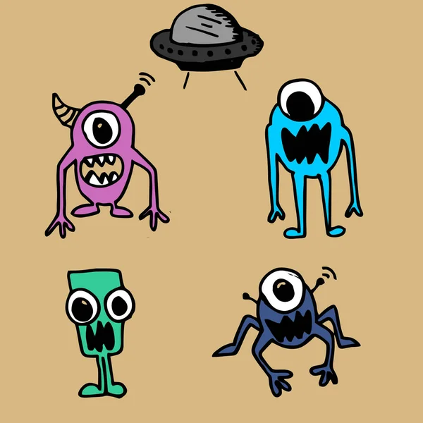 Monstre Alien Mignon Dessin Avec Ufo Set Collection — Image vectorielle