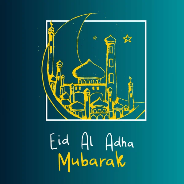 Fond Bannière Aïd Adha Moubarak Avec Mosquée Dessinée Main Lune — Image vectorielle