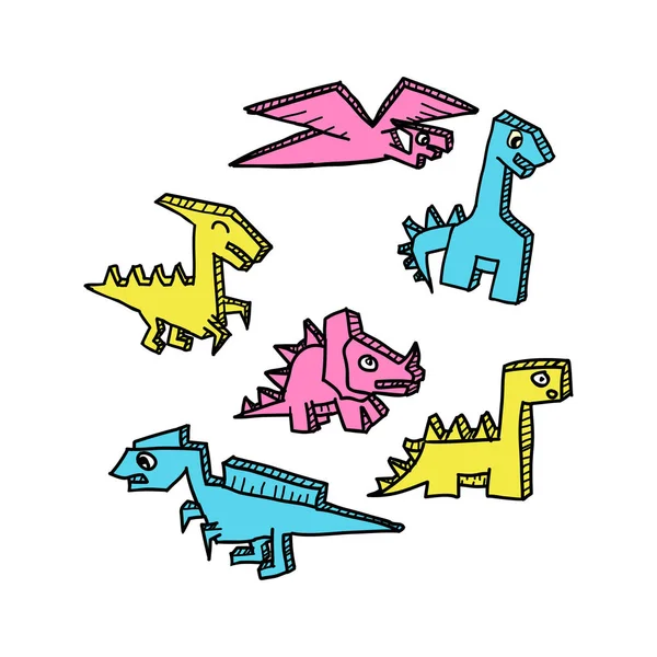 Dibujo Dino Colorido Estilo Conjunto Vector Ilustración — Archivo Imágenes Vectoriales