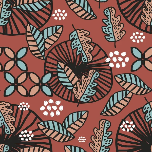 Hand Gezeichnet Von Herbstblättern Und Batikmotiven Auf Braunem Hintergrund — Stockvektor