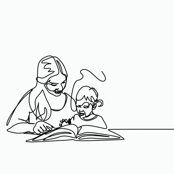 One Continuous Line Art Drawing Mom Teaching Her Baby Kid — Stock Vector