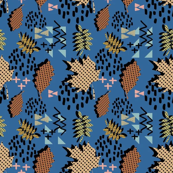 流行に敏感な秋メンフィス トレンディなシームレス パターン葉と葉を持つ カラフルな抽象的な幾何学的な背景のベクトル — ストックベクタ