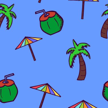 Elle çizilmiş doodle Hindistan cevizi, şemsiye ve ağaç seamless modeli. Yaz arka plan kaydırma ve tekstil baskı.