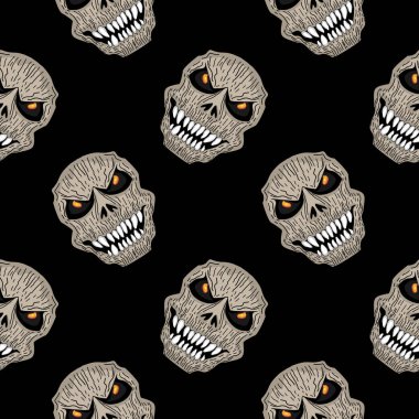 Korkunç orakçı kafatası baş seamless modeli elle çizilmiş. Korkunç yaratık halloween canavar vektör illüstrasyon izole moda yazdırma ve sarma için siyah arka plan üzerine.