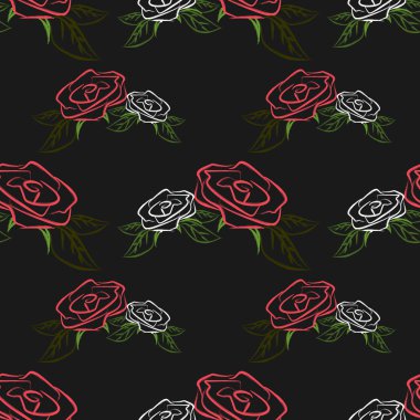 Elle çizilmiş lineart modaya uygun bir tasarım floral Tema siyah arka plan üzerine izole ile Seamless modeli arka plan gül