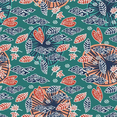 Son Moda yaratıcı elle çizilmiş yaprak, bulut ve yeşillik hipster pastel renkler ile sonbahar batik desen için