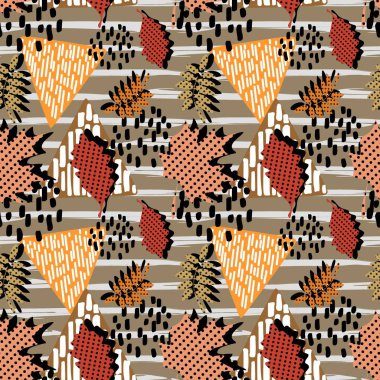 Son moda sonbahar memphis desen yaprakları ve geometrik şekli ile