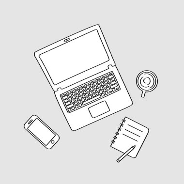 Alan kavramsal elle çizilmiş defter, Not, akıllı telefon ve kahve ile çalışma