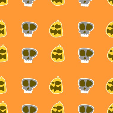 Turuncu renkli arka plan ile korkunç yaratık çizim sorunsuz Cadılar Bayramı. Kabak ve kafatası ürkütücü karakteri vektör çizim.