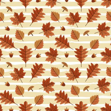 Sıcak sonbahar yaprakları ve yeşillik çok renkli el çizilmiş vektör ile seamless modeli.