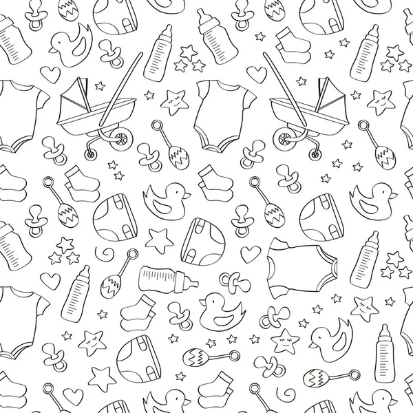 Hand drawn seamless baby icon pattern background. Cute drawing outline many objects of baby tools.