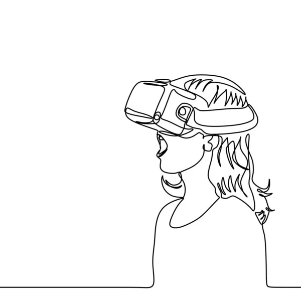 Uma Linha Desenho Contínuo Menina Óculos Dispositivo Realidade Virtual — Vetor de Stock