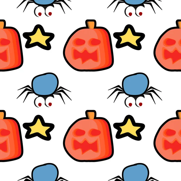 Leuke Halloween Patroon Met Naadloze Spin Pompoen Sterren Achtergrond Multicolor — Stockvector