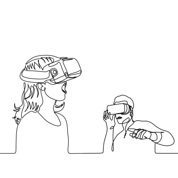Uma Linha Desenho Contínuo Menina Homem Óculos Dispositivo Realidade Virtual —  Vetores de Stock
