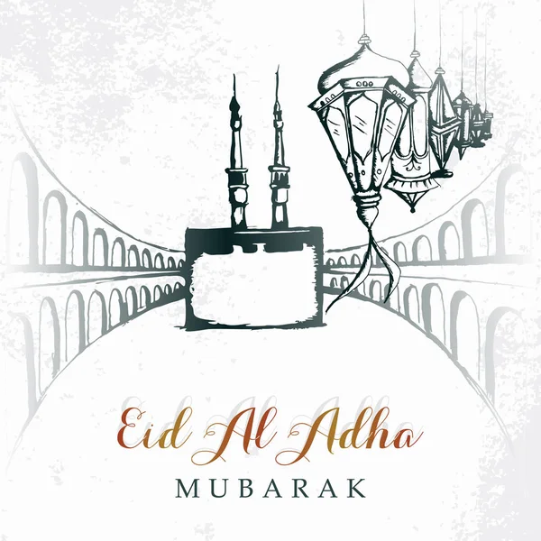 Eid Adha Gruß Design Mit Mekka Hand Gezeichnet Und Laterne — Stockvektor