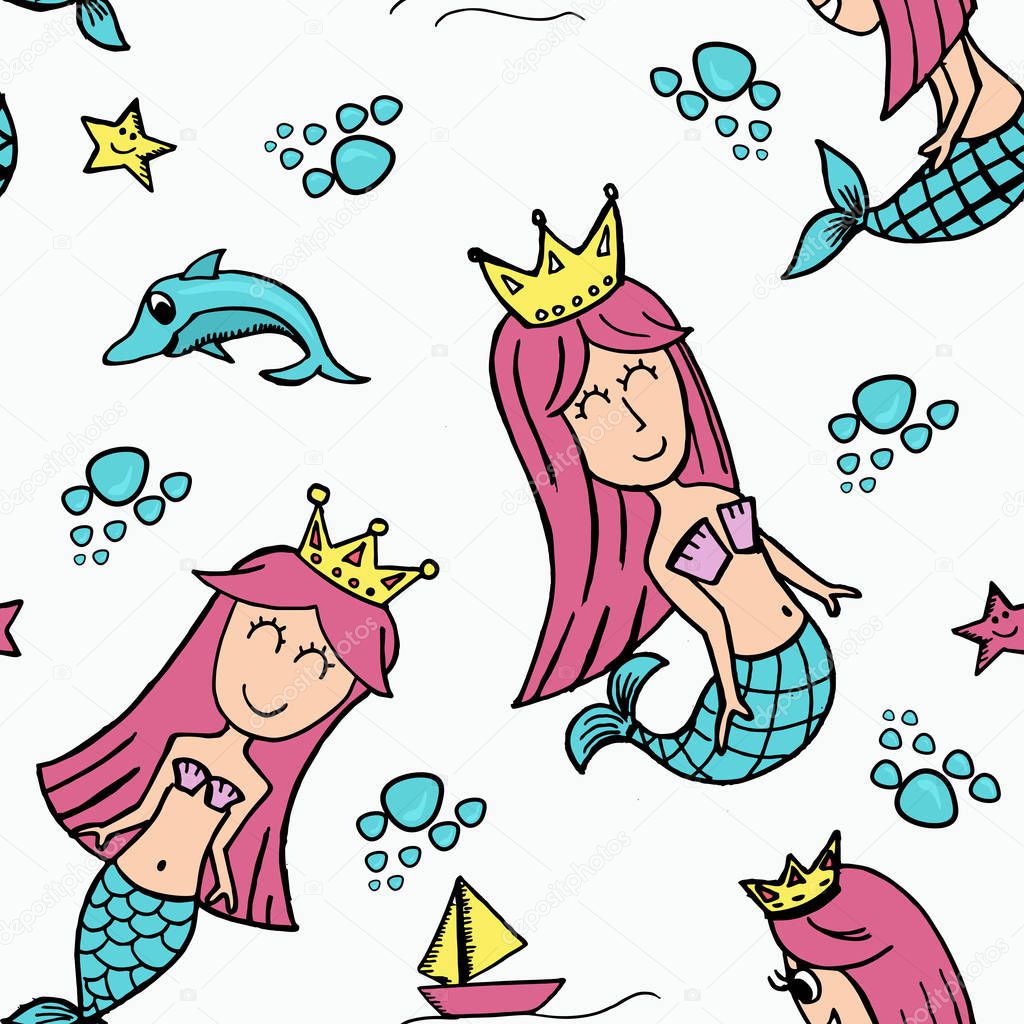 Happy mermaid seamless pattern. Multicolor hand drawn cute style.