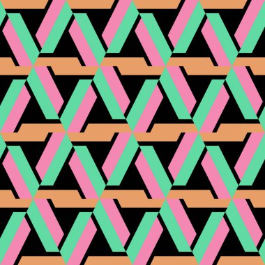 Renkli geometrik soyut seamless modeli siyah arka plan üzerine izole çizgili trendy ile. Vektör çizim yazdırma Tekstil ve moda paketleme için.